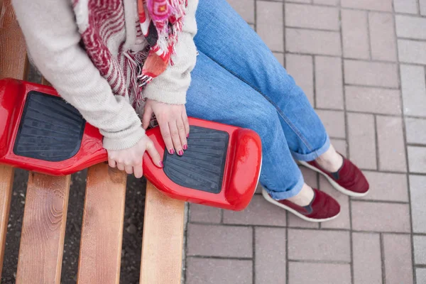 Girl Boho Style Outfit Sitting Bench Modern Red Electric Mini — Stock Photo, Image