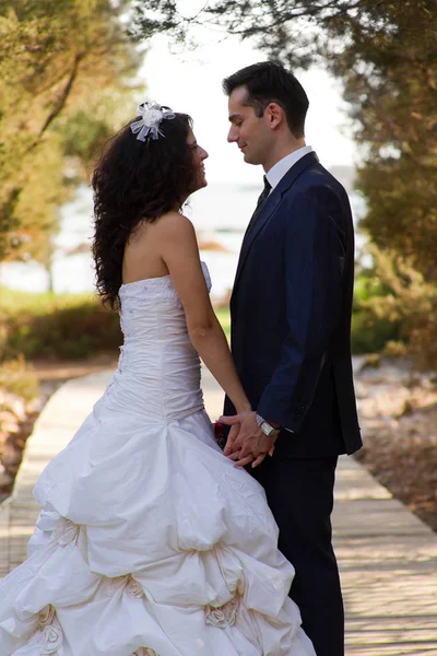 Feliz Recém Casados Andando Parque Depois Seu Casamento — Fotografia de Stock