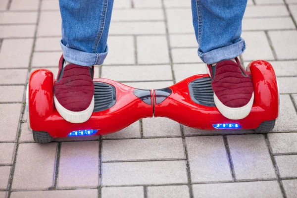 Feet Woman Riding Modern Red Electric Mini Segway Hover Board — Stock Photo, Image