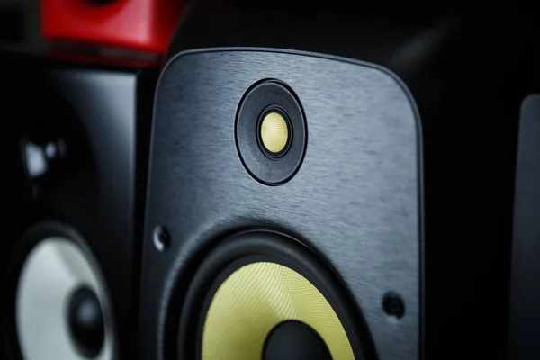 High quality loudspeakers in dj shop.Buy hifi sound system for sound recording studio.Professional hi-fi cabinet speaker box on sale.Audio equipment,close up focus on tweeter speaker