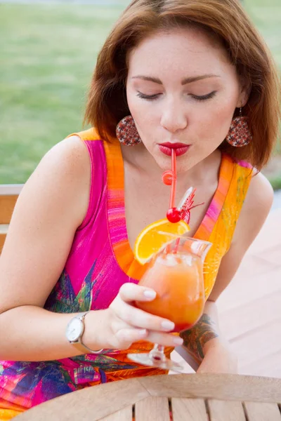 Beautiful Young Lady Enjoying Her Fresh Cocktail Sitting Restaurant Outdoors — Stock Photo, Image