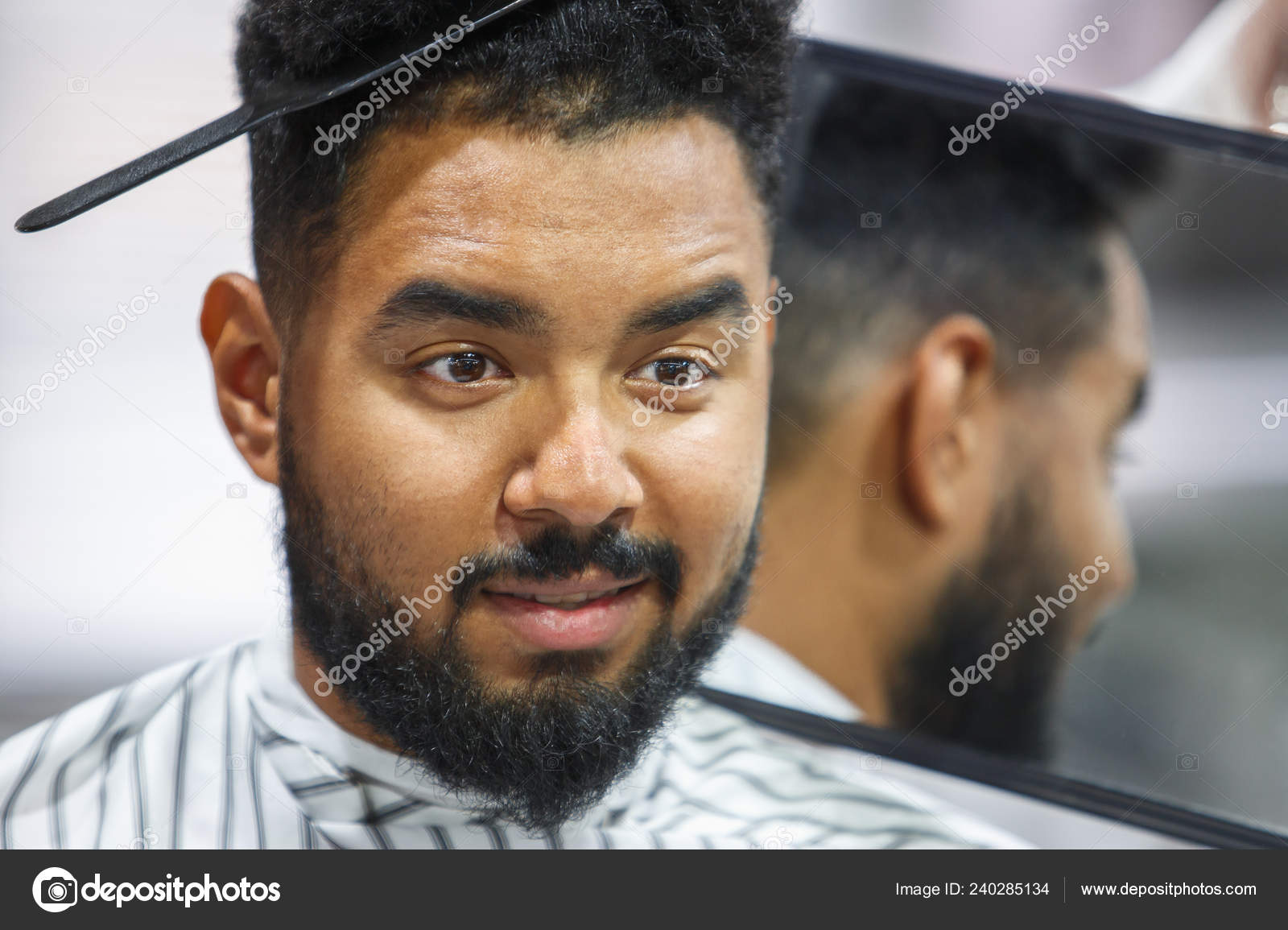 Portrait Handsome Black Man Comb Curly Hair Looking Mirror His