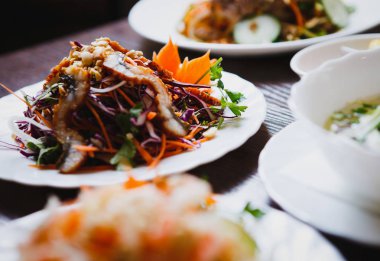 Yılan balığı et ve sebze ile egzotik taze Vietnamca salatası geleneksel Asya restoran beyaz tabakta servis. Gurme atıştırmalıklar kadar odak üstünde salata Asia.Food bileşiminde yakın deneyin