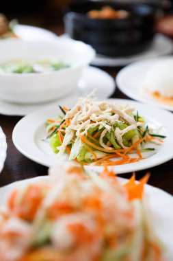 Vietnamca Salata tavuk eti ve sebze ile beyaz plaka restoran servis. Asya mutfağı kapat. Egzotik yiyecek Cafe menü öğesi
