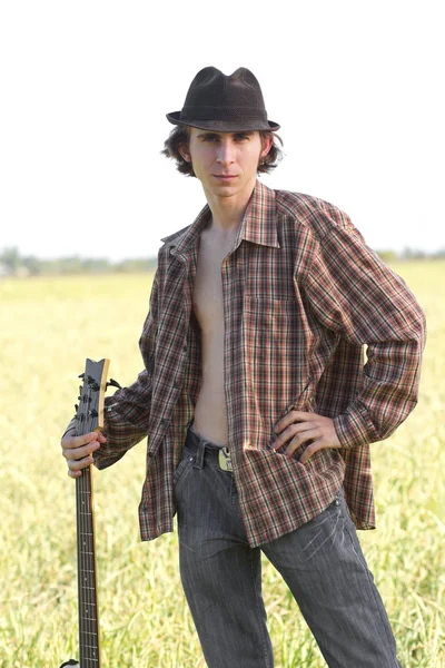 Young Rocker Posing Musical Instrument Outdoors Bright Summer Day — Stock Photo, Image