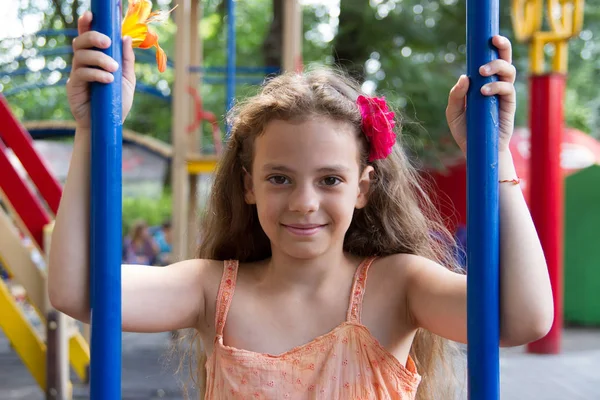 Cute Little Schoolgirl Playground Summer Day — Stock Photo, Image