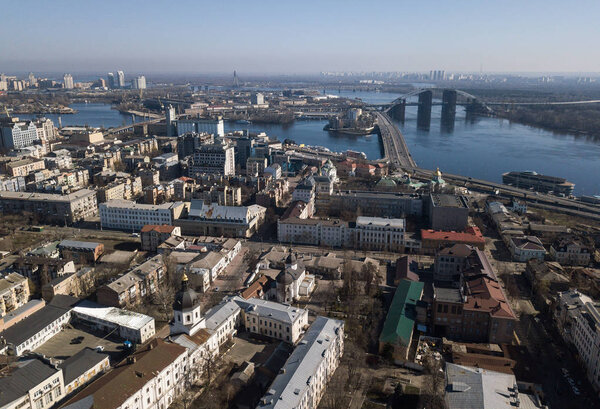 KIEV - 9 APRIL, 2018:  Aerial drone photo of Arsenalna District in center of Kyiv in Ukraine