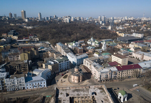 KIEV - 9 APRIL, 2018: Aerial drone photo of Arsenalna District in center of Kyiv in Ukraine