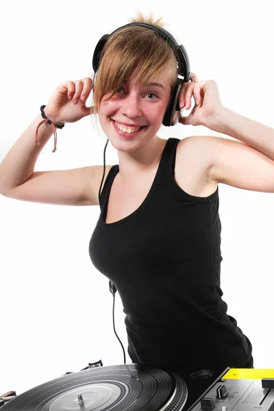 Funny Teenage Female Disc Jockey White Background — Stock Photo, Image