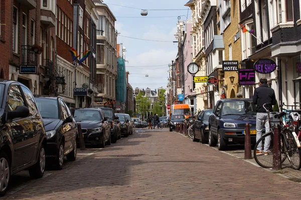 Amsterdam Netherlands April 2019 Many Different Cars Parked Tightly Street — стоковое фото