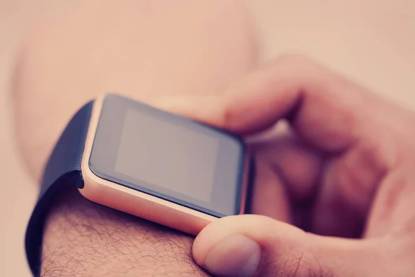 Hands African Black Man Wearing Trendy Smart Watch Modern Gadget — Stock Photo, Image