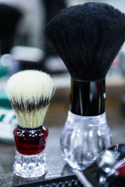Cepillos Afeitar Peluquero Profesional Para Espuma Barbería Cepillo Hisopo Especializado —  Fotos de Stock