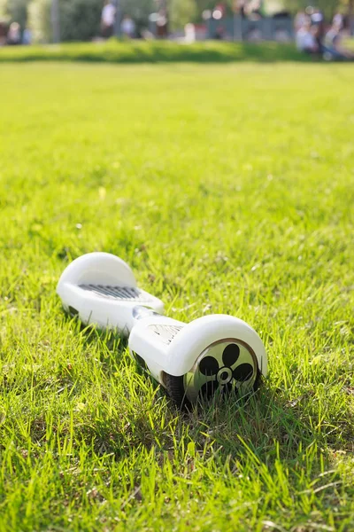 Mini Scooter Elétrico Branco Placa Hover Grama Verde Parque Eco — Fotografia de Stock