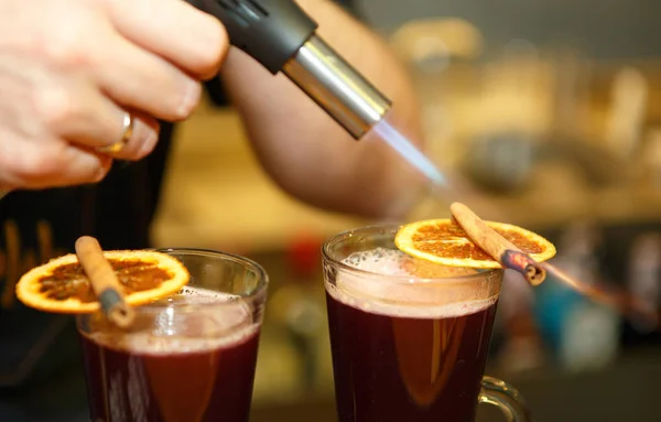 Bar Tender Burns Cinnamon Mulled Wine Specialized Gas Torch Barman — Stock Photo, Image