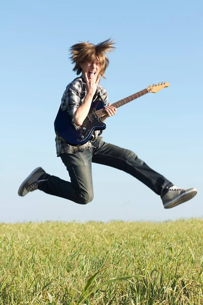 Young Rocker Posing Musical Instrument Outdoors Bright Summer Day — Stock Photo, Image