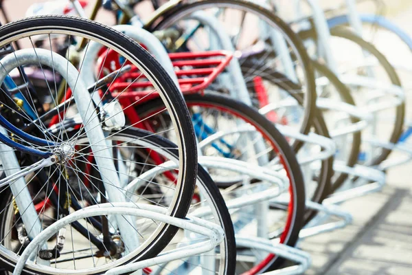 Many Different Bicycles Parked Parking Lot Urban Street Bike Wheels Stock Photo