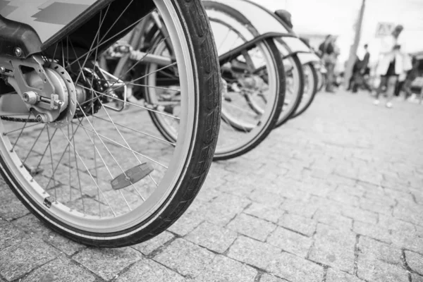 Ενοικίαση Πάρκινγκ Ποδηλάτων Σταθμευμένα Ενοικιάσεως Ποδηλάτων Πολυσύχναστες Δρόμο Της Πόλης — Φωτογραφία Αρχείου