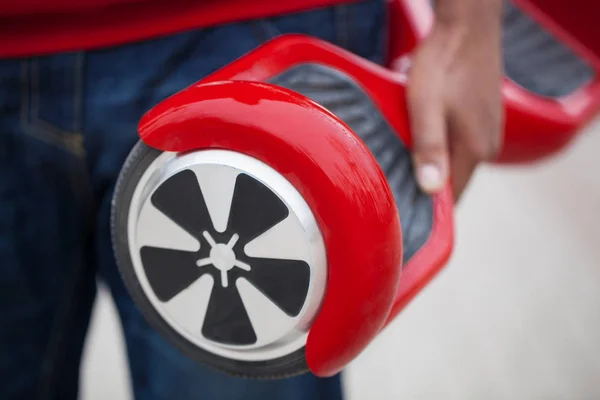 Boy Holding Modern Red Electric Mini Segway Hover Board Scooter — Stock Photo, Image