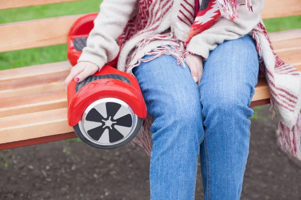 Woman Boho Style Clothes Sitting Benchwith Modern Electric Mini Segway — Stock Photo, Image