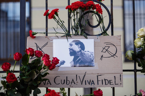 MOSCOW - 27 NOVEMBER, 2016: Memorial with flowers at embassy of Republic Cuba.People mourn over death of Cuban President Fidel Castro. Funeral of nationalist Communist politician and revolutionary