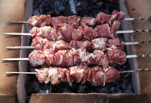 ケバブ バーベキューのマクロは 火で調理 おいしいマリネ肉の部分の写真をすぐに詳しく説明します 伝統的な南部料理 — ストック写真