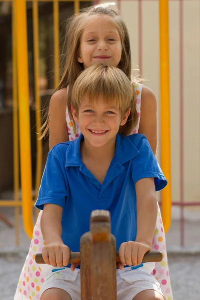 Cute Little Children Playground Bright Summer Day — Stock Photo, Image