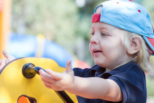 Portrait Cutest Blond Baby Boy Swinging Playground — Stock Photo, Image