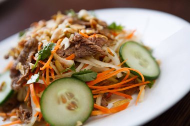 Sığır eti, taze salatalık ve Asya havuç ile lezzetli Çin salatası tepesi ile erimiş fındık yiyin. Vietnam restoranında geleneksel gıda ile egzotik yemek deneyin. Yakın çekim, salataya odaklan.