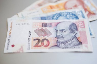 Yüz Hırvat Kunası kağıt para Ulusal. Dalmaçya bölge banknotlar atış kapatmak. 