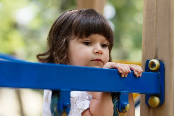 Little White Girl Having Fun Playground Bright Summer Day — Stock Photo, Image