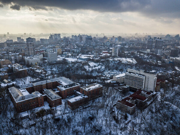 KYIV, UKRAINE - 18 FEBRUARY, 2018: Aerial drone photo of winter in Kiev center