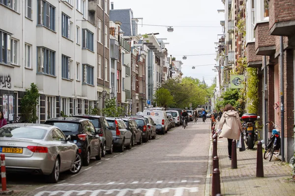 Amsterdam Netherlands April 2019 Many Different Cars Parked Tightly Street — стоковое фото