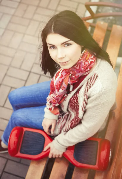 Young White Brunette Girl Holding Modern Red Electric Mini Segway — Stock Photo, Image