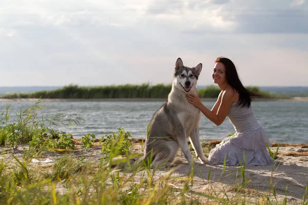 彼女の好みのペットは 夜のビーチでアラスカンマラミュート犬を持つ若い成人女性 — ストック写真