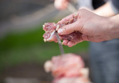 Izgara kebap Barbekü makro ateşte pişirdim. Yakın lezzetli Marine et parçaları Fotoğraflar kadar ayrıntılı. Geleneksel Güney mutfağı.