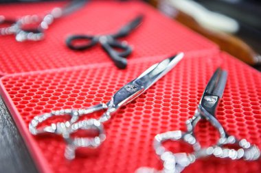 Profesyonel kuaför berber dükkanı olarak makas. Erkek saç kesim güzel saç kesimi, sakal ve bıyık trim. Özel makas Kuaför Güzellik Salonu için aracı. Kuaförlük için Pro ekipmanları