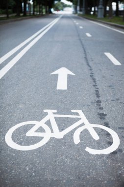 Parkta Bisiklete binme lane. Bisiklet sembolü asfaltta boyalı. Ekolojik ve sağlıklı kentsel ulaşım üzerinde binme bisiklet yolu Seaparate. Güvenli bir şekilde geçiş yapmak