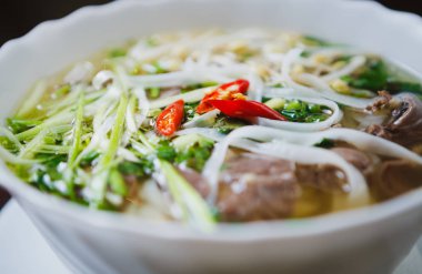 Popüler Vietnamca şehriye çorbası pho bo sığır eti ve kırmızı acı biber ile. Doğal maddeler ve baharatlar ile geleneksel Asya çanak bardak kadar kapatın