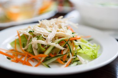 Egzotik Vietnam gıda restoran menü kapatın. Geleneksel Asya yemeği beyaz tabakta. Beyaz haşlanmış tavuk eti, yeşil salatalık ve havuç dilimlenmiş 