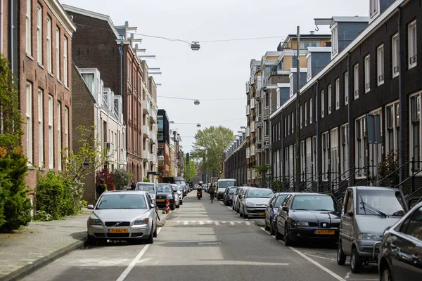 Amsterdam Netherlands April 2019 Many Different Cars Parked Tightly Street — стоковое фото