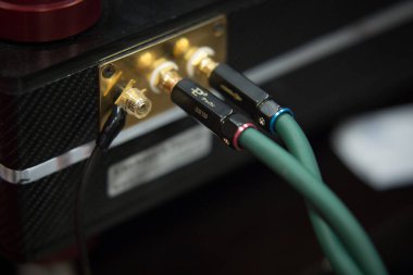 Moskova - 25 Şubat, 2017: yüksek kaliteli hifi ses bileşenleri Fuarı'nda bir salon. Hi-Fi ses teknolojisi için müzik heyecanlı. Altın ses kablosu konektörü