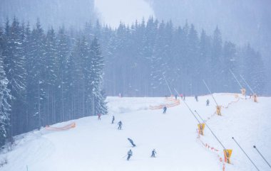 Bukovel, Ukrayna-19 Mart, 2018: Grup snowboard ve ücretsiz Kayak biniciler Karpat Dağları'nda yolda