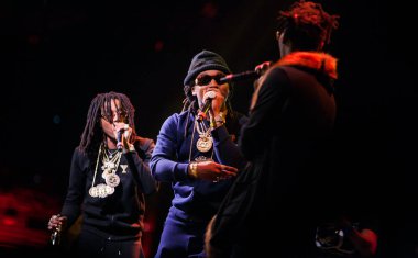 MOSCOW - 27 MARCH, 2015: Soulja Boy and Migos (Quavo, Takeoff, Offset) performing live in Russia at Space Moscow nightclub