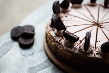 Güzel çikolatalı kek kakao çerezleri tepesi ile. Fırın ürün. Lezzetli İtalyan restoran tatlı gıda menü arka plan