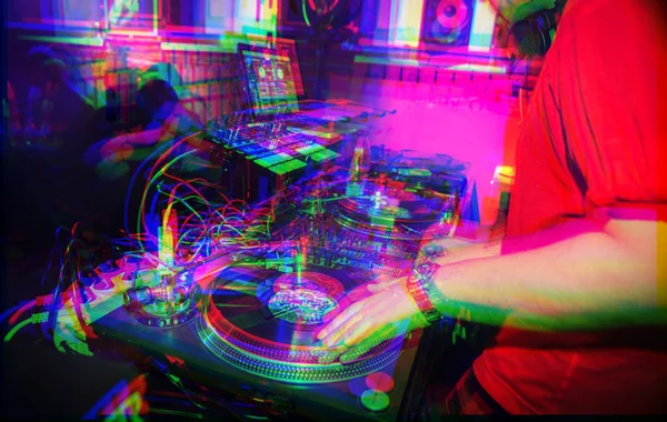 Glitched background with hip hop party dj scratching vinyl records.Cool disc jockey mixes musical tracks on vintage turntables in the club.Music festival edited with vintage glitch filter