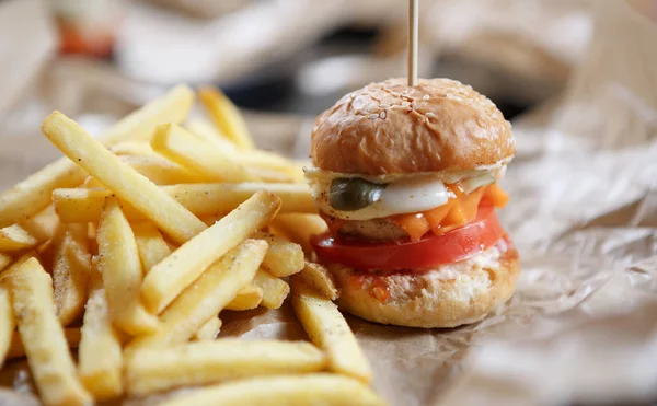 Pequeña Hamburguesa Bebé Menú Del Restaurante Familia Comida Rápida Sabrosa — Foto de Stock