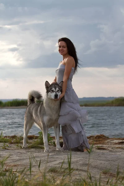 Young Adult Woman Her Favorite Pet Alaskan Malamute Dog Beach — Stock Photo, Image