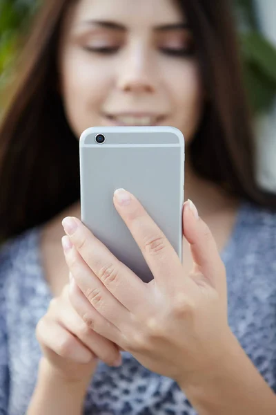 Close Big Popular Smart Phone Hands Young Happy Brunette Girl — Stock Photo, Image