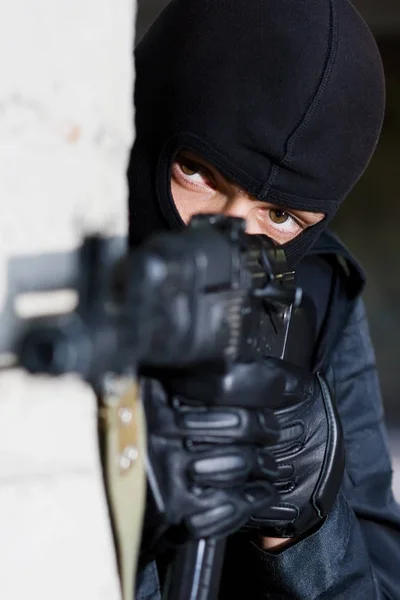 Gunman Aiming His Target Automatic Russian Rifle — Stock Photo, Image