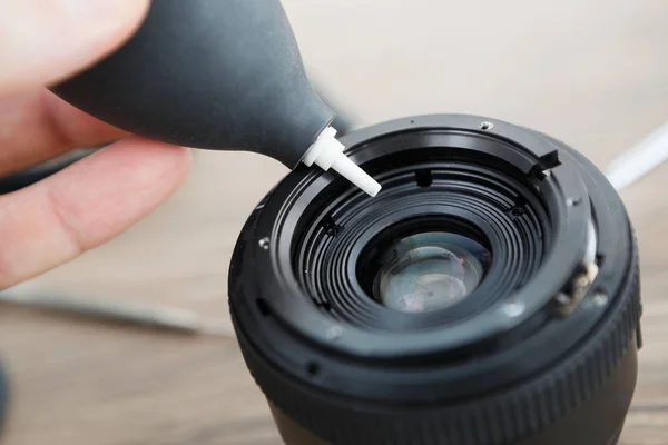 Broken Modern Dslr Camera Lenses Repairing Service Specialized Workshop Master — Stock Photo, Image